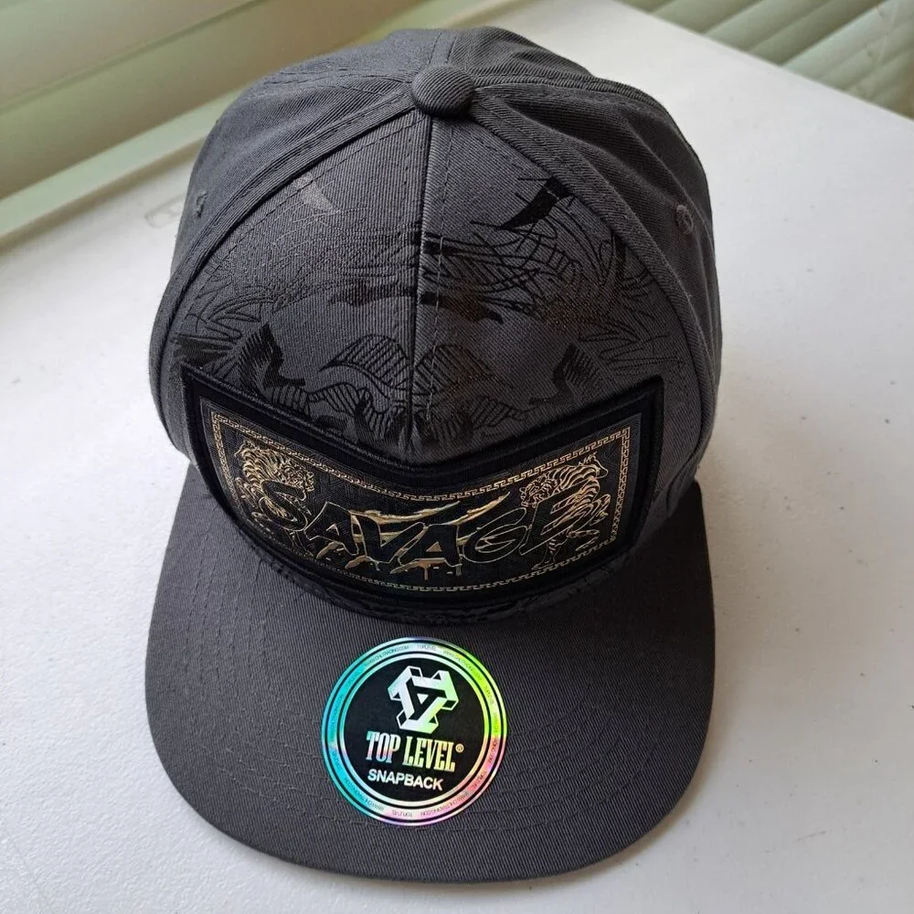 NEW TOP LEVEL Savage Snapback Hat Grey Black Gold Tiger Design‎ 100% Cotton Claw